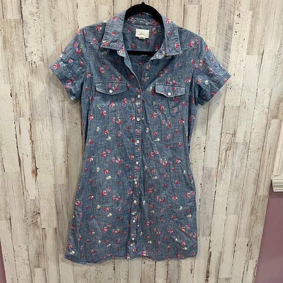 Levis Denim Chambray Pearl Snap Front Floral Mini Dress 100% Cotton Womens Small - Picture 1 of 9